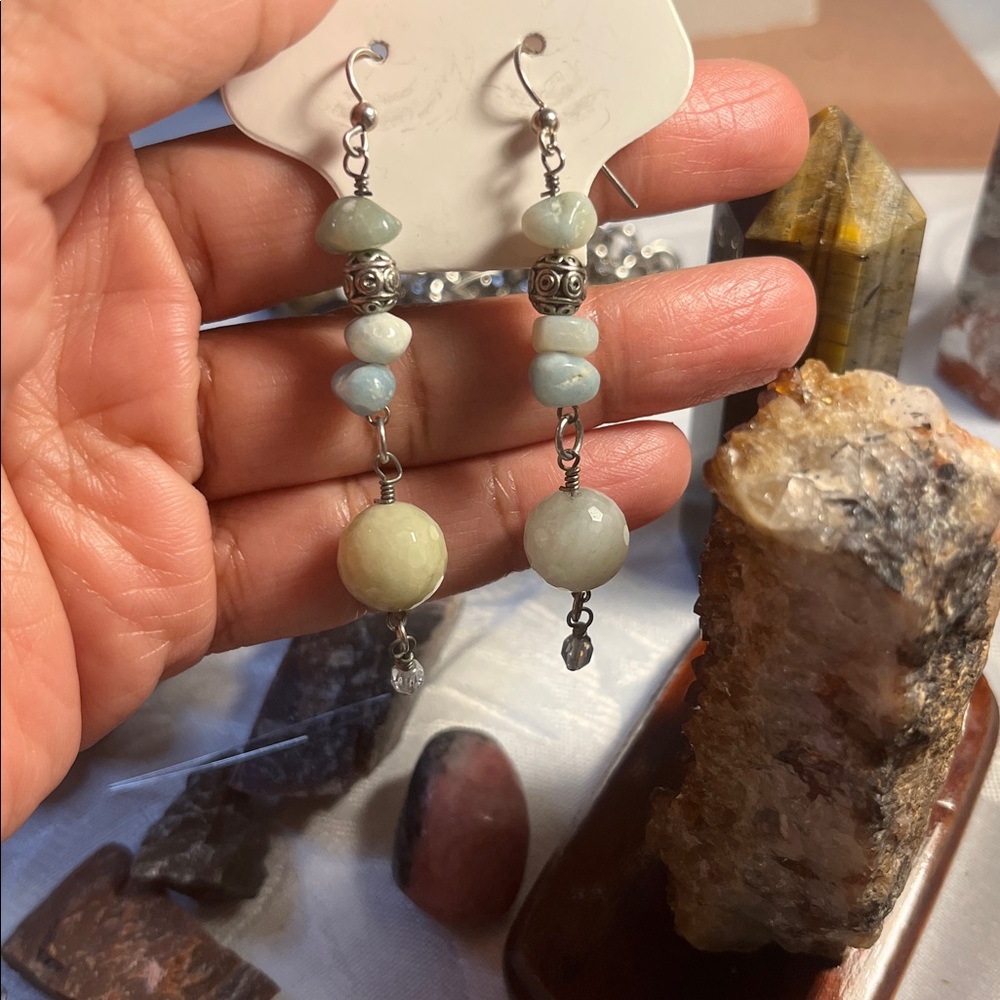 Handmade Aquamarine Beaded Dangle Earrings